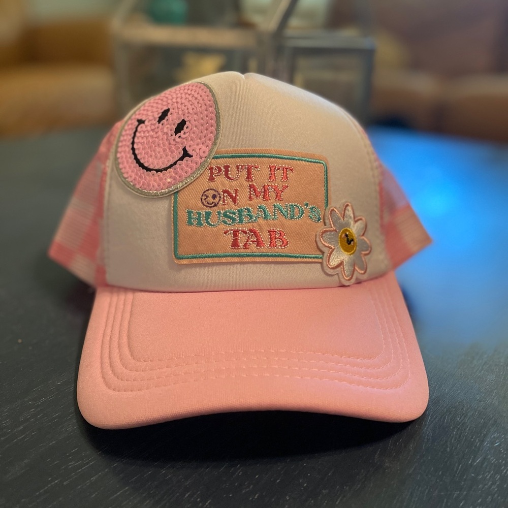 NEW Handmade Pink Trucker Hat with Embroidered Patches and Checkered Back